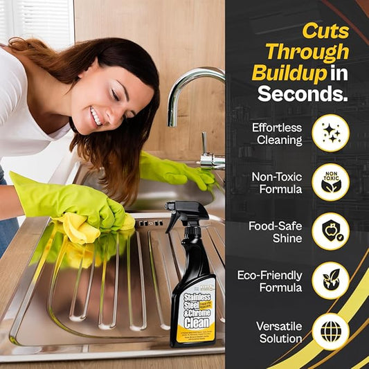 Flitz Stainless Steel & Chrome Clean - 16oz Bottle, USA-Made Stainless Steel Cleaner Spray for Appliances - Grill, Fridge, Sink Stain Remover - Also Works on Aluminum Surfaces (1 Pack)