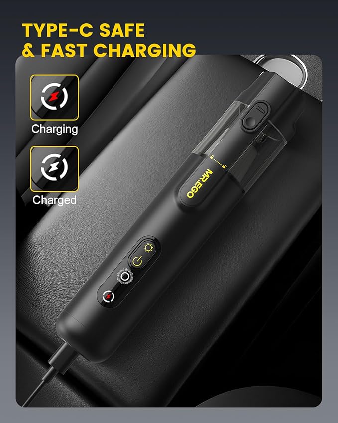 Mr.ego Car Vacuum Portable Cordless, 20000Pa Mini Vacuum Cleaner & Air Duster, 100,000 RPM Brushless Motor Handheld Vacuum with LED Light and Multi-Nozzles for Car, Home, Office, Pet (Black)