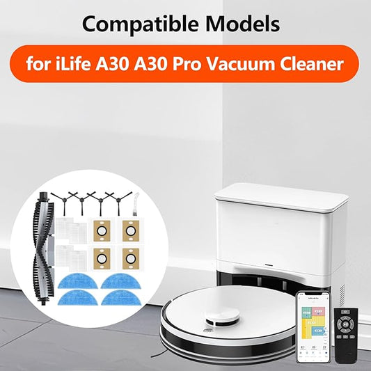 18 Pack Replacement Parts for ILIFE A30 A30 Pro Robot Vacuum Cleaner, Accessories Kit with 1 Main Brush 4 Dust Bag 4 HEPA Filter 4 Mop Pad 4 Side Brush1 Cleaning Brush