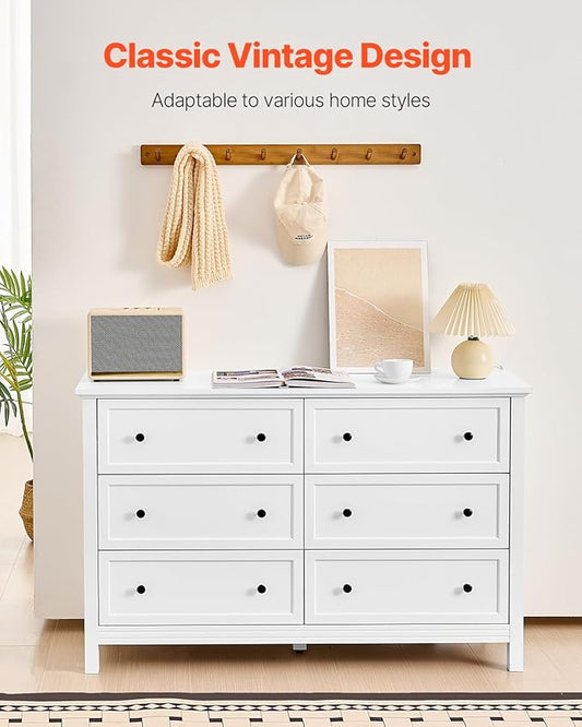 VEVOR 6 Drawer White Dresser, Wood Dresser Chest of Drawers with Middle Sliding Leg, Closet Storage Clothes Organizer for Bedroom, Living Room, Hallway, Entryway, Wide Drawer with Metal Handles