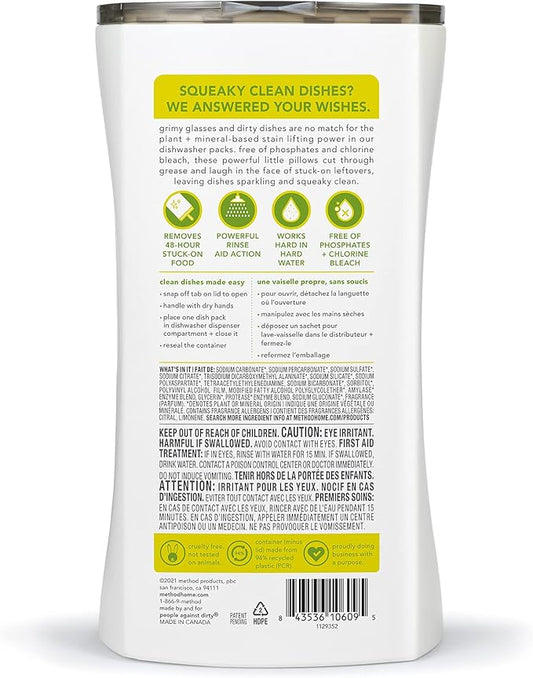 Method Dishwasher Detergent Packs, Lemon Mint, Dishwashing Rinse Aid to Lift Tough Grease and Stains, 54 Dishwasher Tabs per Package, (Pack of 2)
