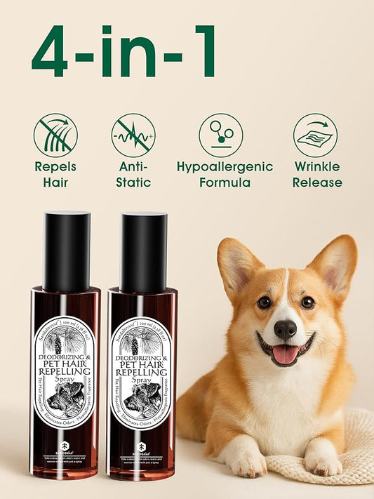 4-in-1 Pet Hair Remover & Odor Neutralizer Spray, Anti Static Wrinkle Release, Plant Based Enzymes, Safe for Pets, Fabrics & Furniture, Refresh Pine Nut Scent, 6.76 fl oz, 2 Travel Pack