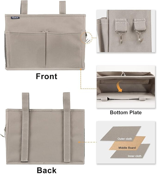 Surblue Bedside Caddy Hanging Bed Organizer Storage Bag Pocket for Bunk and Hospital Beds, College Dorm Rooms Baby Bed Rails,Camp 4 Pockets and 2 Hooks (Gray)