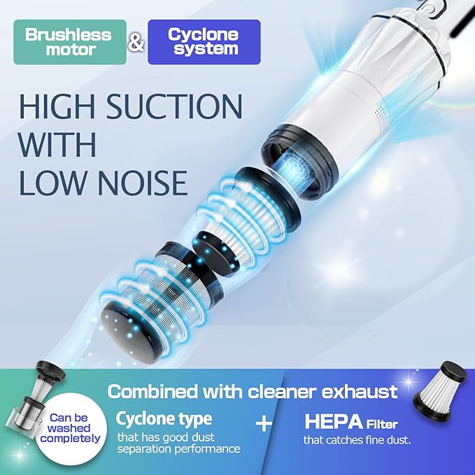 Handheld Vacuum Cordless 25000PA, Super Lightweight 1lb with Powerful Suction, Charging Dock, Car Charger, Single Touch Empty and Detachable Dust Cup, Portable Mini Car Vac, White