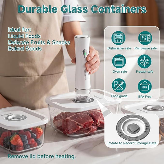 Compact Vacuum Sealer for Food (Vacuum Sealer Machine+3 Glass Vacuum Containers+30 Reusable Vacuum Bags),Powerful Handheld Vacuum Seal Machine,Seal Meal Saver,Portable Food Sealer,Easy-Clean