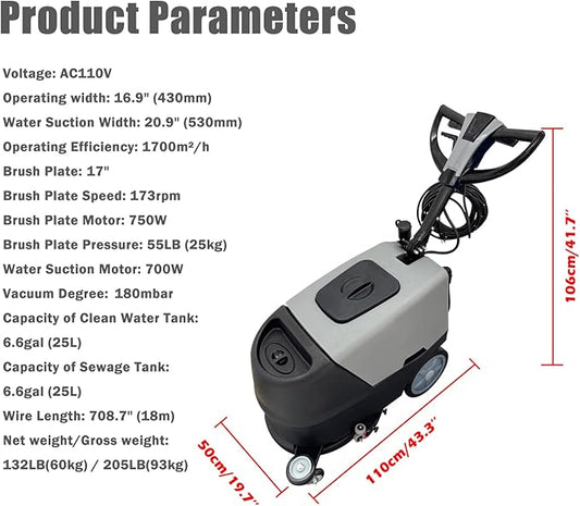 Commercial Floor Scrubber Automatic Walk Behind Floor Washing Brushing Drying Machine for Shopping Malls Hotels Offices 17" Brush 173rpm Dual Tanks(13.2gal Totally) 110V