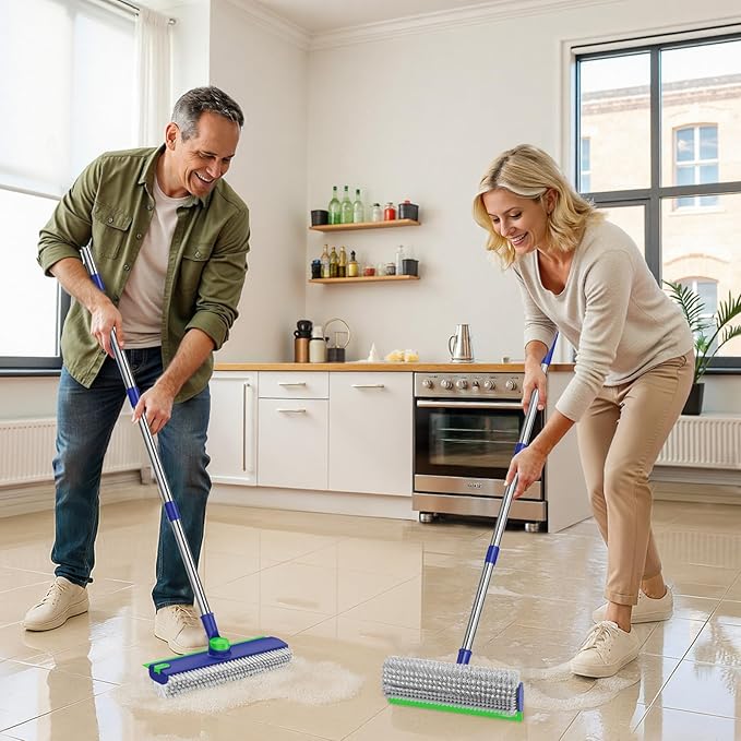 Floor Scrub Brush with Long Handle: 3 in 1 Heavy-Duty Floor Scrubber Brush with Squeegee for Cleaning Tile Bathroom Deck Kitchen Patio