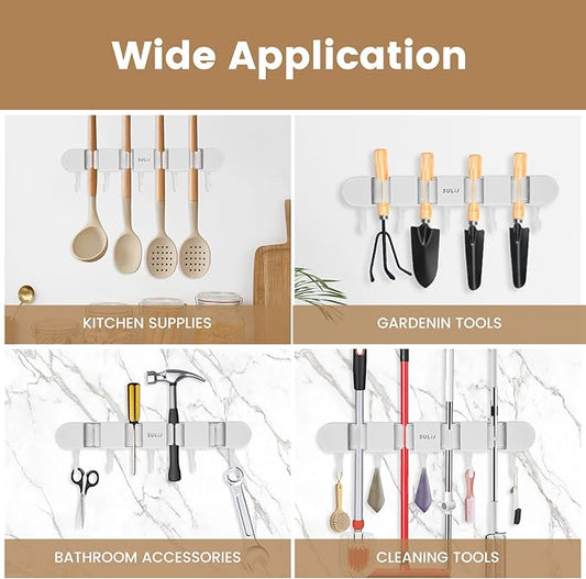 2Pcs Broom Holder Wall Mount, No-Drilling Self-Adhesive Mop and Broom Storage Rack with Hooks (4 Racks with 5 Hooks), Wall-Mounted Broom Hanger for Bathroom, Kitchen, Closet, Garage, White 