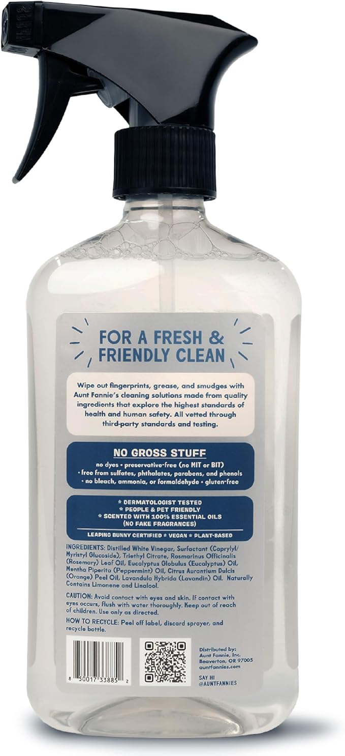 Aunt Fannie's Stainless Steel Spray Cleaner, Powered by Vinegar, Fingerprint and Residue Remover for Refrigerator, Dishwasher, Oven, Grill, Sink, Stovetop, and Other Appliances, Pack of 6