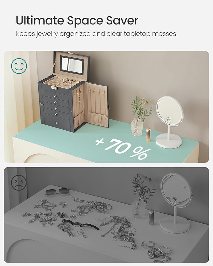 SONGMICS 6-Layer Jewelry Box Organizer with 5 Drawers, Jewelry Storage Case with Lock and Mirror, Large Storage Capacity, Gift for Loved Ones, for Necklaces, Watches, Gray UJBC152G01