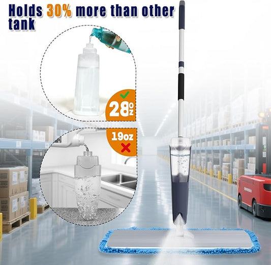 24" Dry mops for Floor Cleaning, 2-Pack Microfiber mop Spray System, Commercial Heavy-Duty Wet mops with 28oz Big Tank, 2 Washable Pads for Lobby, Pool, Factory, Office, Warehouse, Concert, Library