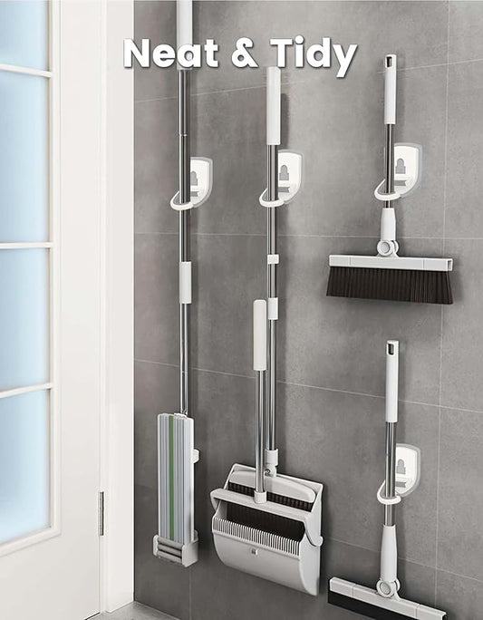 Broom Holder Wall Mount Self Adhesive, Broom and Mop Organizer Wall Hanging, No Drilling Anti-Slip Broom Hook Over Door for Home, Kitchen, Garden, Garage Storage (5-Pack, Stone Blue)