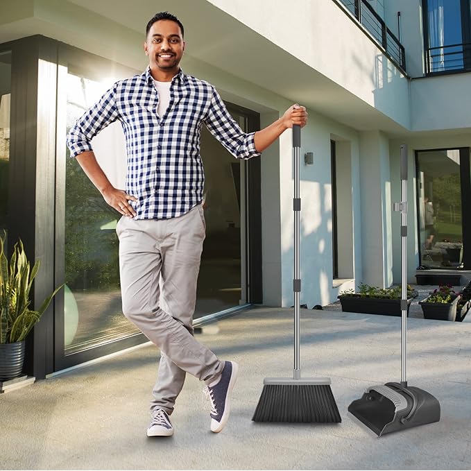 kelamayi Broom and Dustpan Set for Home, Office, Indoor&Outdoor Sweeping, Stand Up Broom and Dustpan (Black&Gray)