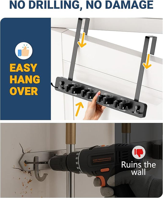 Lorbro Broom Holder Door Mount, Over the Door Broom and Mop Holder with 2 Over Door Hooks, Wood Broom Hanger, Tool Rack Organizer for Laundry, Garage, Closet, Kitchen Decor, 4 Slots & 4 Hooks Rustic