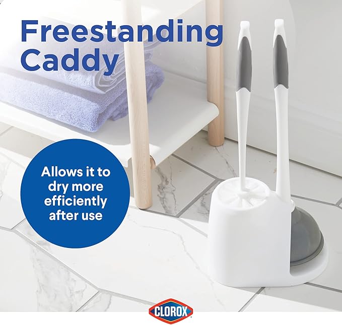 Clorox Toilet Plunger and Bowl Brush Combo Set with Caddy, 6.75" x 7" x 19.5", White/Gray, Pack of 2 - Plunger and Toilet Bowl Brush, Heavy Duty Plunger, Toilet Cleaning Brush, Freestanding Caddy