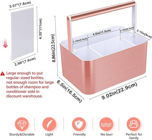 Compact Shower Caddy Dorm - Portable Bathroom Caddy Organizer with Handle and Adjustable Divider for College Dorm & Shared Bathroom, Hard Plastic Shower Basket Tote for Toiletry Drainage, Pink