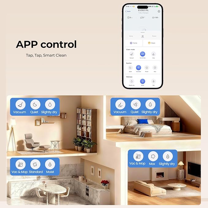 Robot Vacuum and Mop Combo, 10Kpa Robotic Vacuum Cleaner, 150 Min Max, Customized Cleaning, Multi-Floor Mapping, WiFi/Alexa/APP, Ideal for Hard Floors, Carpets & Pet Hair, Self-Charge (3621)