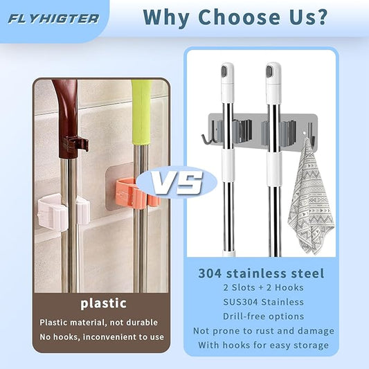 Broom and Mop Holder Wall Mounted, Heavy-Duty Stainless Steel Storage Rack with 2 Racks & 2 Hooks,Broom Organizer for Kitchen,Bathroom,Garage,Garden(SILVER