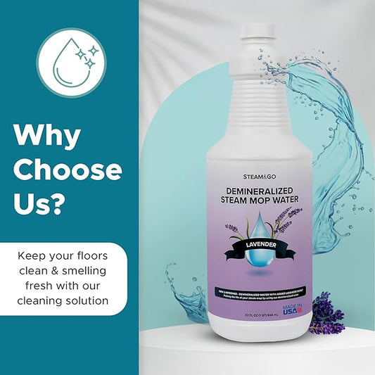 Steam & Go Demineralized Water for Steam Cleaner - PVC-Free Floor Cleaning Solution Compatible for All Steam Mops - Multi-Surface Cleaner for Home Surfaces - Lavender Scent, 32 oz