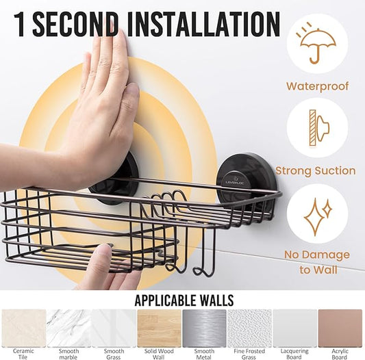 LEVERLOC Shower Caddy Suction Cup, Heavy Duty Bathroom Organizer for Inside Shower with Hooks & Soap Holder, NO-Drilling Bathroom Holder-Brown