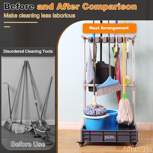 Mobile Mop and Broom Holder,Efficient Storage Solution for Cleaning Tools Keep Your Tools Handy and Organized