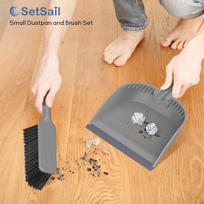 SetSail Small Dustpan and Brush Set, Nesting Snap-On Handheld Broom and Dust Pan with Teeth Portable Broom and Dustpans Sets Suitable for Desktop, Pets Care, Sofa, Camping, Grey