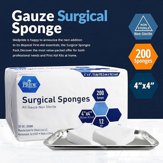 MED PRIDE 4”x 4” Gauze, 200 Surgical Sponges 12-ply Extra Absorbent | All-Gauze, Non-Sterile| Great for Wound Dressing, Prepping, Scrubbing & Cleaning| Essential First-Aid