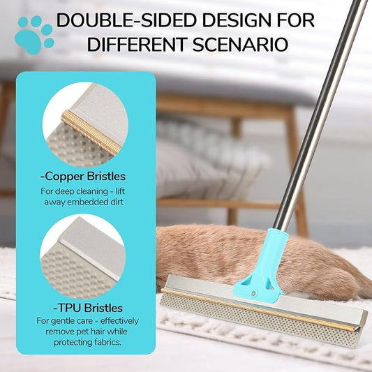 Carpet Rake for Pet Hair Removal, Adjustable Long Handle Carpet Rake for Pet Hair Removal, Double-Sided Reusable Dog Cat Fur Remover with Hair Removal Glove, Pet Fur Rake for Rugs, Mats