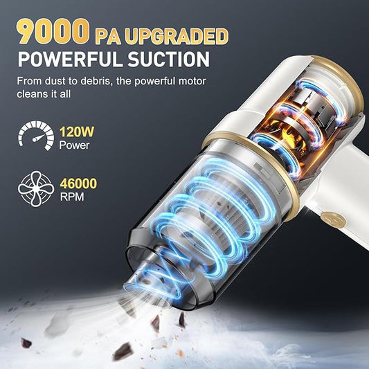 KMM Handheld Car Vacuum Cleaner, 11000PA Vacuum Cleaner & Air Duster, 120W High Power Vacuum Portable Cordless, Hand Held Vacuum Rechargeable with Multi-Nozzles & LED Light for Home, Car, Office