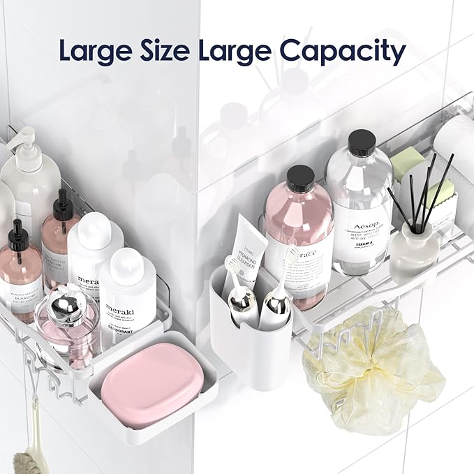 Shower Caddy Adhesive Shower Organizer 8-Pack, Rustproof Stainless Steel Bathroom Shelves, Large Capacity No-Drill Rack Storage Accessories with Soap Dish Toothbrush Holder Hooks