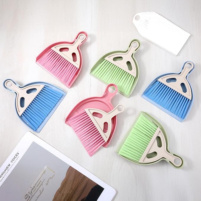 6 Pcs Small Broom and Dustpan Set Nesting Hand Broom and Dustpan Mini Hangable Whisk Mini Brooms and Dustpans Set with Handle for Cleaning Table Desk Sofa Car Countertop Pet Nest (Blue/Pink/Green)