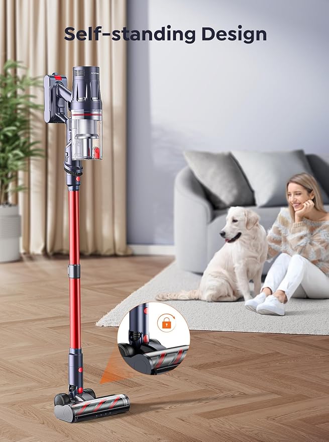 Cordless Vacuum Cleaner, 600W 50Kpa 65Mins Vacuum Cleaners for Home, Self-Standing Stick Vacuum with Touch Screen & Wall Charging Station for Hard Floor Carpet Pet