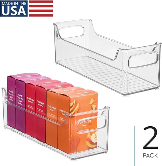 iDesign Stackable Plastic Pantry Bin with Handles for Cabinets or Fridge, Set of 2, Clear, Made in USA