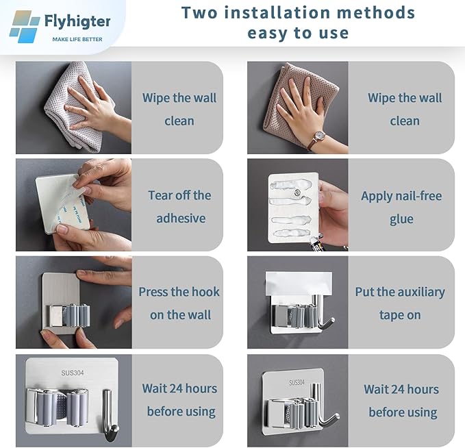 Stainless Steel Mop Holder Wall Mount – 4 Pack Heavy-Duty Broom Organizer with Strong Grip, Adhesive or Nail-Free Glue Installation for Bathroom, Kitchen, Garage