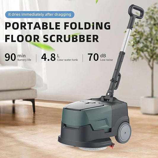 Mini Automatic Floor Scrubber Machine Battery Powered Walk Behind,Portable Commercial Floor Scrubber Machine,90-Minute Runtime, Includes 2 Hard Brush Soft Brush and 2 Scouring pads