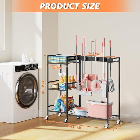 Broom and Mop Holder, Broom Closet Storage Cabinet with Cleaning Supplies Organizer, 2-in-1 Broom Mop and Cleaning Supplies Storage Cleaning Cart, Cleaning Cart with Wheels for Housekeeping