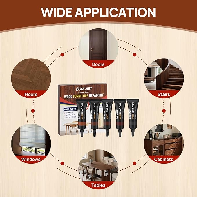 Wood Furniture Repair Kit, Wood Touch up Fillers, Repair Scratches, Cracks, Paint Chips, and Nail Holes on Furniture, Floors, Doors, Cabinets, and Tables (5 Dark Colors)