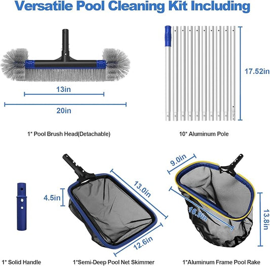 Poolvio 5-in-1 Pool Cleaning Kit - Includes Semi-Deep Skimmer Net, Aluminum Leaf Rake, 20' Pool Brush with 13ft Adjustable Pole