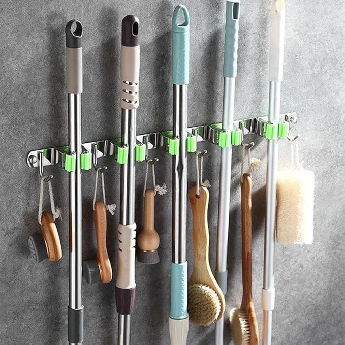 SEIWEI Mop and Broom Holder Wall Mounted Organizer Mop and Broom Storage Tool Rack with 5 Slots and 6 Hooks for Home Organization, Garden, Basement, Kitchen