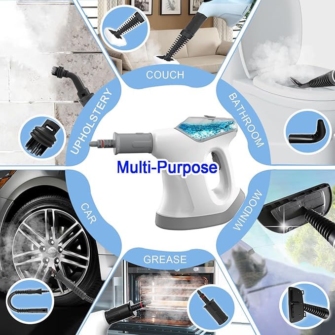 Handheld Steam Cleaner for Home, 10S Immediate Heat Hand Held Steam Cleaner, with Visualized Large Water Tank & 9 PCS Accessories & Safety Lock, for Kitchen,Couch,Floor,Window,Car (WHITE+GREY)