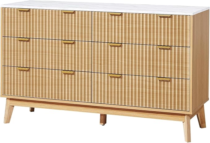 VEVOR Fluted 6 Drawer Dresser, 54" Wide Chest of Drawers with Faux Marble Top, Modern Dresser TV Stand, Wooden Closet Clothes Storage Organizer for Bedroom, Living Room, Hallway, Entryway, Natural Oak