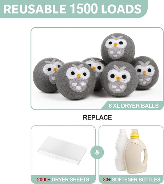 Calindiana 100% Organic Premium New Zealand Wool Dryer Balls Laundry Reusable Fabric Softener, Cute Dryer Sheets Alternative, Anti Static XL Size 6 Pack, Grey Owl
