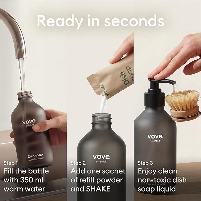 Vove Dish Soap Starter Set with Refillable Glass Pump Bottle & 3 Refills, Bergamot Mint & Basil, Powder-to-Gel Dishwashing Liquid, Plant-Based Concentrated Formula, Plastic-Free Packaging