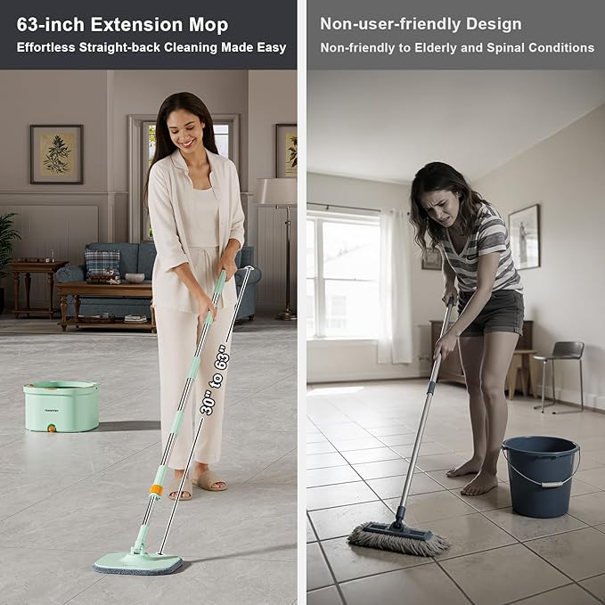 Mop and Bucket Set | Spin Mop with Dual-Tank Clean/Dirty Water Separation | 4 Microfiber Pads for Deep-Cleaning Floors | Versatile Mops Triangular Head for Walls