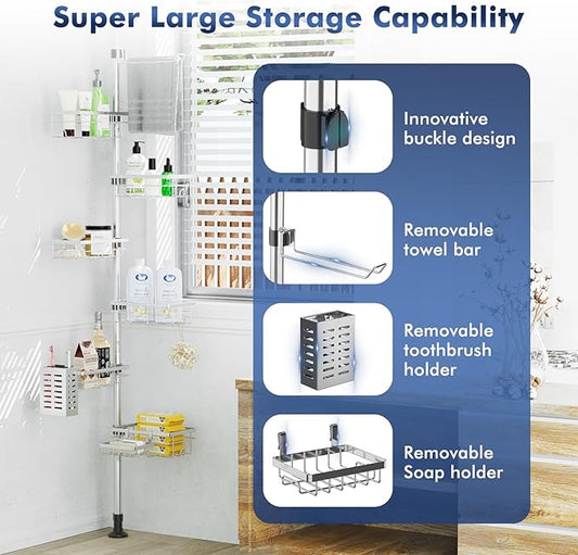 Shower Caddy Corner Tension Pole, Stainless Steel Rustproof 6 Shelves Bathroom Organizer with Towel Bar & Toothbrush Holder, Adjustable Shower Shelf for Renters - Family Stand Storage Rack