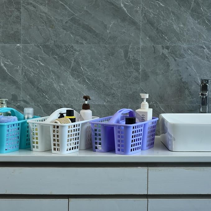 Haundry Plastic Shower Caddy Basket with 3 Compartments, Portable Divided Cleaning Supply Storage Organizer with Handle (Purple)