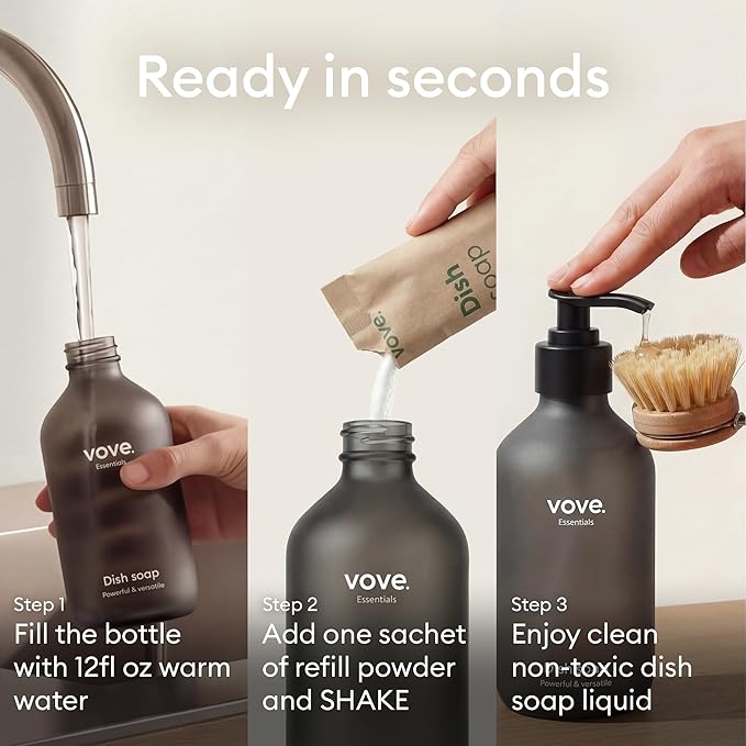 Vove Dish Soap Refills 3-Pack, Bergamot Mint & Basil, Powder-to-Gel Dishwashing Liquid Refill, Plant-Based Concentrated Formula, Grease-Cutting Power, Plastic-Free Compostable Packaging, Essential oil