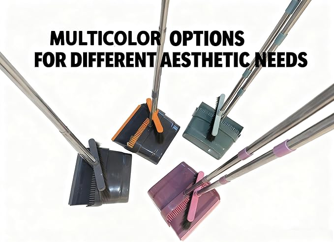 Stand-Up Broom Dustpan Combo - Long Handle with 3 Rows Dense Bristles for Multi-Scene Home/Office/Kitchen/Lobby/Shop, Indoor & Outdoor Cleaning (Black & Gray)