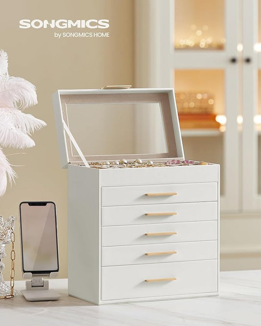 SONGMICS GISELLA Collection - Jewelry Box Organizer, 6-Layer Jewelry Storage with 5 Drawers, Shiny Metal Hardware, Glass Lid, Modern, 6.4 x 9.9 x 11.4 Inches, Cloud White and Gold Color UJBC171W01