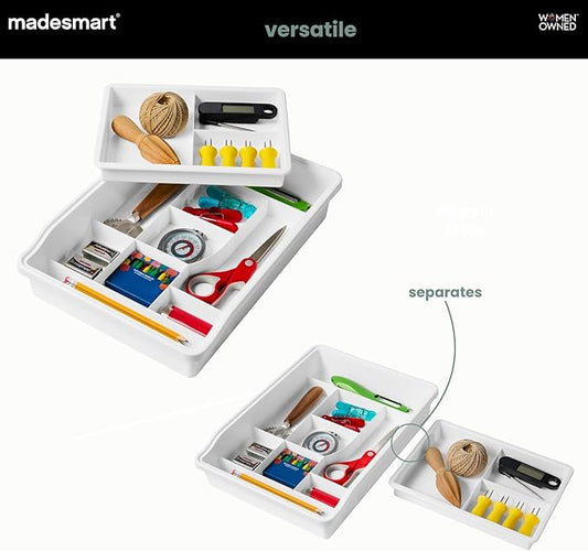 madesmart 13-Compartment Junk Drawer Organizer with Sliding Top Tray, Multi-Purpose Storage for Kitchen, Office & Bathroom Drawers, White